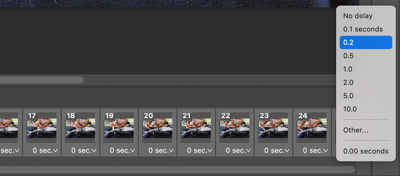 Screenshot of video editing software showing delay timing options menu with 0.2 seconds selected.
