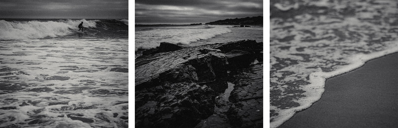 Black and white triptych of coastal scenes: surfer riding a wave, rocky shoreline with tide pools, and foaming surf washing onto sand.