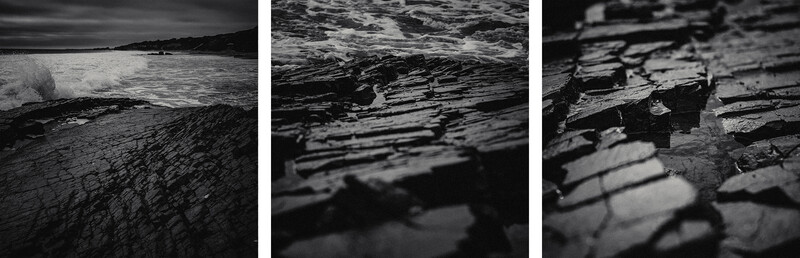 Triptych of black and white coastal photographs featuring weathered driftwood, rocky shoreline, and ocean waves.