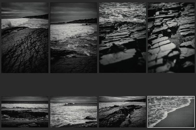 Grid of eight black and white coastal photographs showing varied perspectives of rocky shores and water.