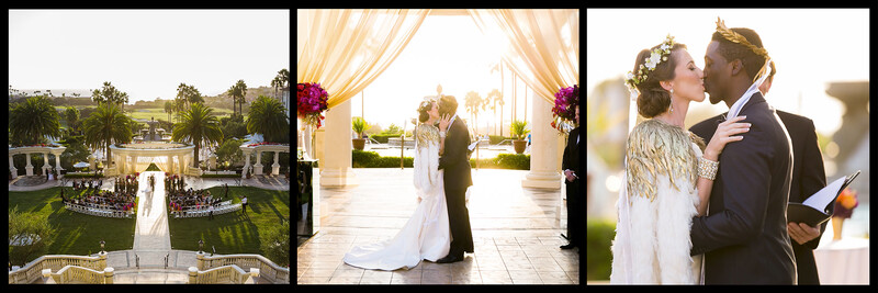Wedding ceremony triptych showing venue, couple at altar, and newlyweds kissing outdoors.