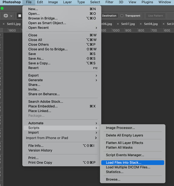 Screenshot of Photoshop File menu showing document management and scripting options.