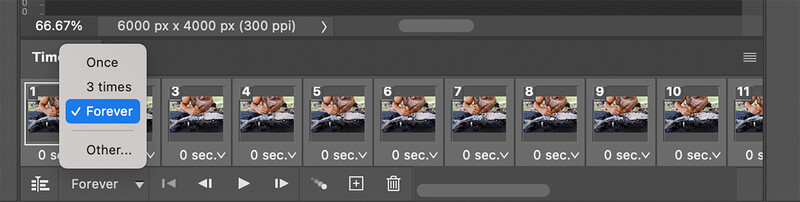 Screenshot of video editing software showing timeline with repeated clips and a dropdown menu with looping options.
