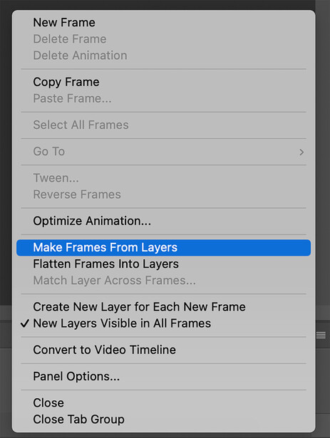 Screenshot of animation frame management menu in video editing software.