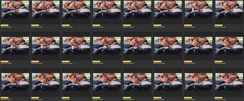 Contact sheet grid displaying multiple sequential frames of a fishing scene with consistent composition and lighting.