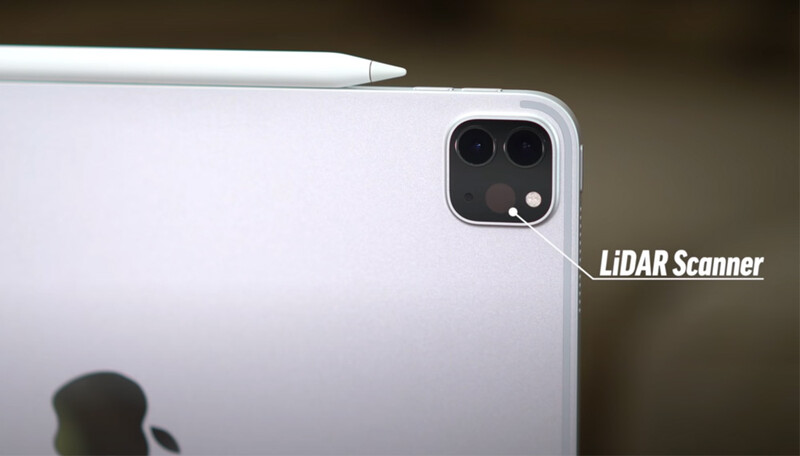 iPad Pro camera system showing dual lens array and LIDAR Scanner component on white tablet device.