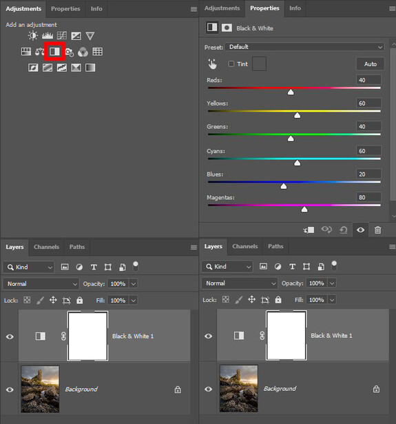 Screenshot of Adobe Lightroom's Develop module showing side-by-side comparison of color grading adjustments with HSL sliders.