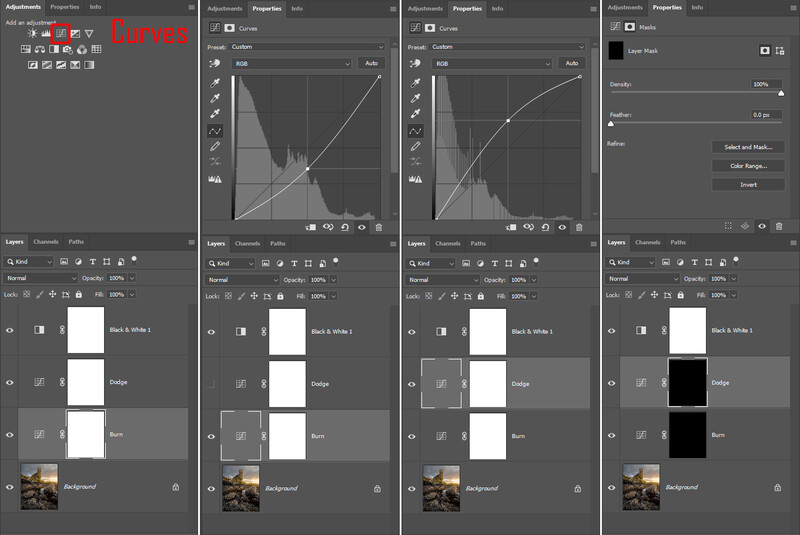 Screenshot of photo editing software showing curves adjustment panels across four stages of tonal correction.