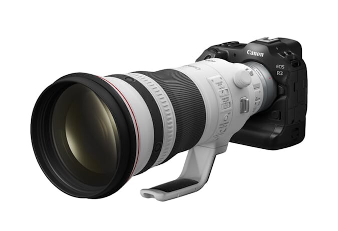 Canon EOS R3 mirrorless camera with Canon RF 100-500mm telephoto lens mounted.