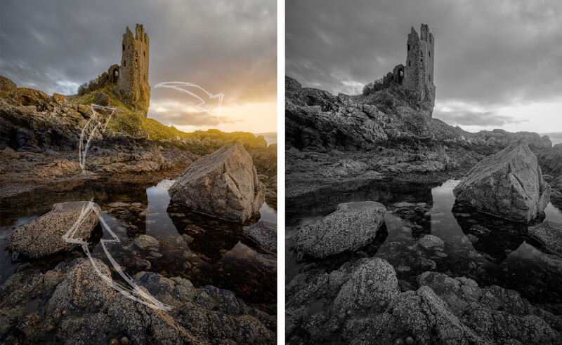 Side-by-side comparison of the same ruined stone tower and rocky shoreline in color and black-and-white treatments.