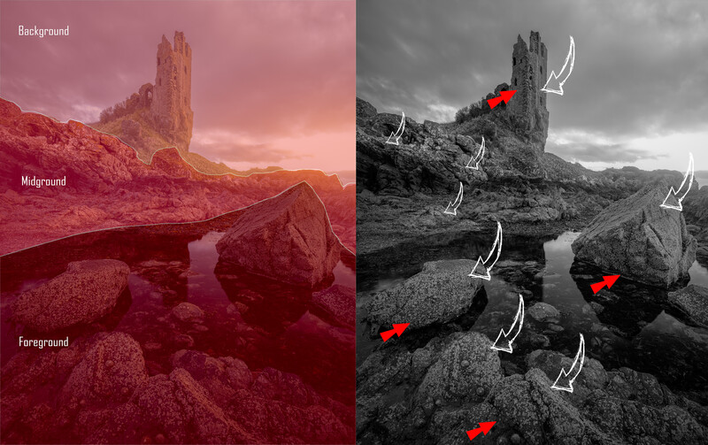 Side-by-side comparison of infrared and black-and-white processing of a desert rock formation with tower-like structures.