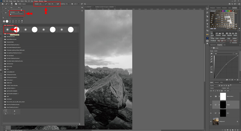 Screenshot of Adobe Lightroom showing black and white landscape photograph of large boulder with mountains and cloudy sky.