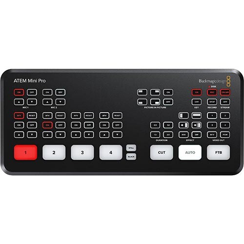 Atem Mini Pro switching console with 40 tactile buttons and faders for video production control.