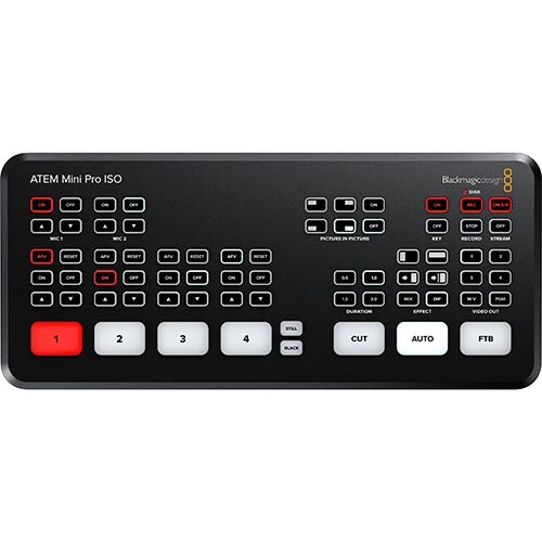ATEM Mini Pro ISO control panel with grid of buttons, faders, and function controls.