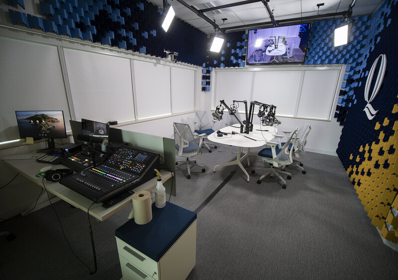 Another useful application for this lens is photography in tight spaces. It's hard to fit Quinnipiac's podcast studio into one frame, but this lens makes it easy.