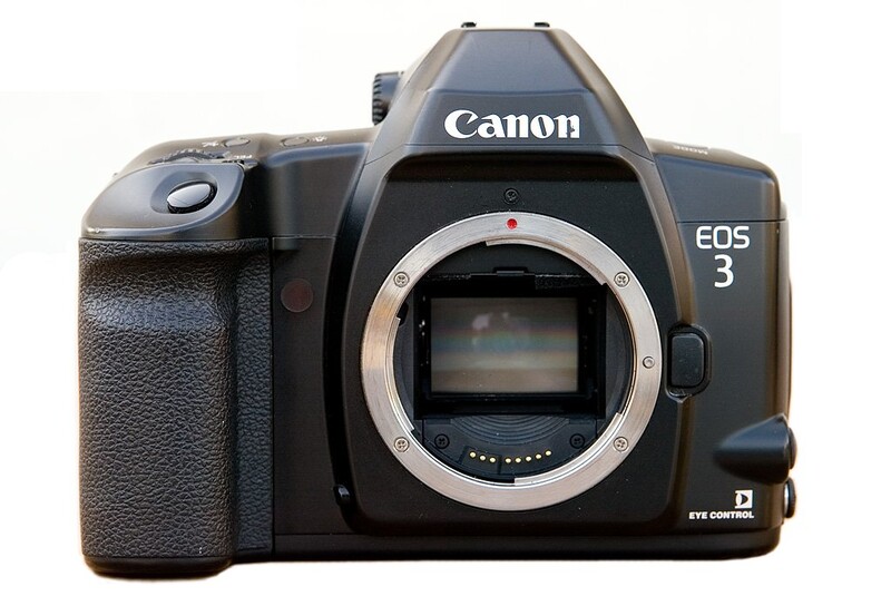 Canon EOS 3 film SLR camera body shown from front with lens mount exposed.