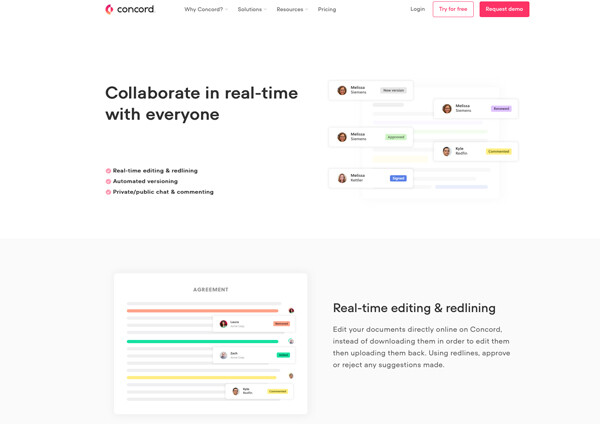 Screenshot of Concord collaboration software showing real-time editing interface with multiple user avatars and colored comment threads.