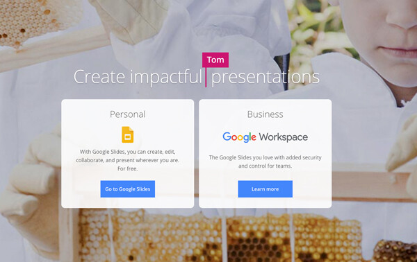 Screenshot of Google's presentation platform landing page with Personal and Business options.