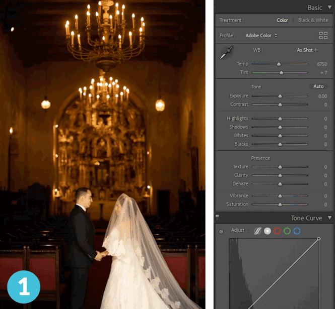 Wedding couple exchanging vows in a candlelit church with ornate chandeliers overhead.