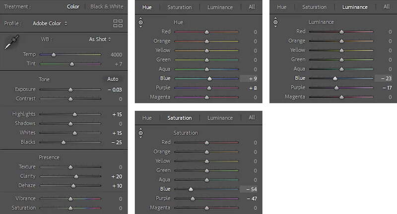 Screenshot of Adobe Lightroom's HSL and Luminance adjustment panels displaying color-specific sliders for hue, saturation, and luminance edits.