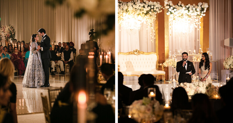 Bride and groom during first dance at elegant ballroom reception with white floral installations.
