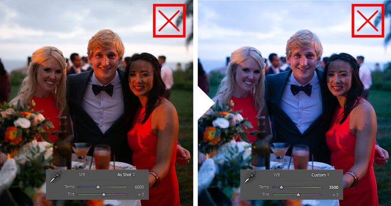 Side-by-side comparison of the same outdoor wedding photo with different color temperature adjustments.