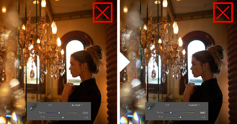 Screenshot comparing two camera settings for a portrait under ornate chandelier lighting.