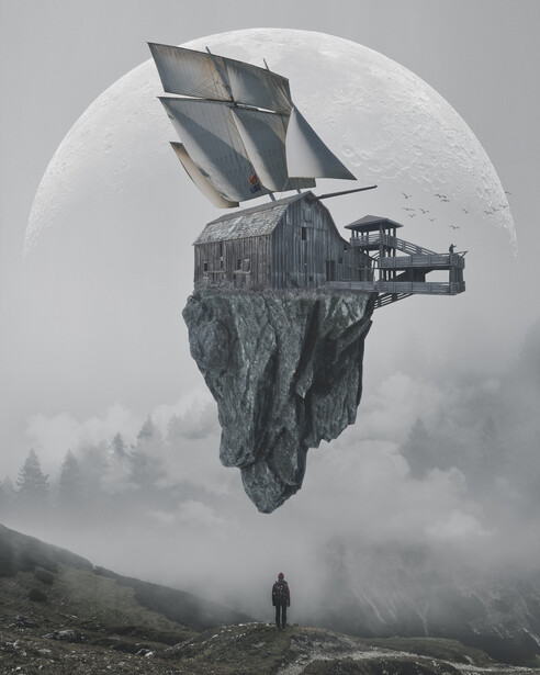 A sailing ship with dark sails floats above a rocky mountain peak shrouded in mist, with a solitary figure standing in the foggy valley below.