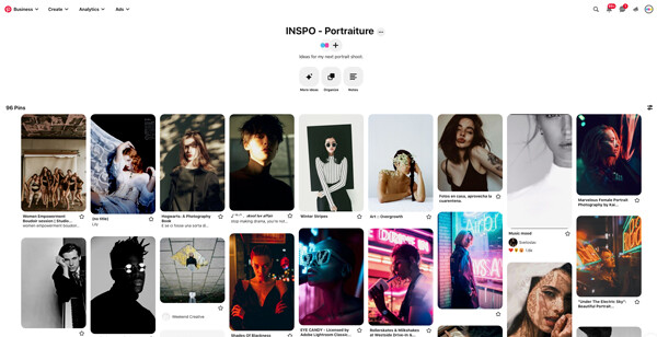 Screenshot of INSPO Portraiture board showing a curated grid of portrait photography examples.