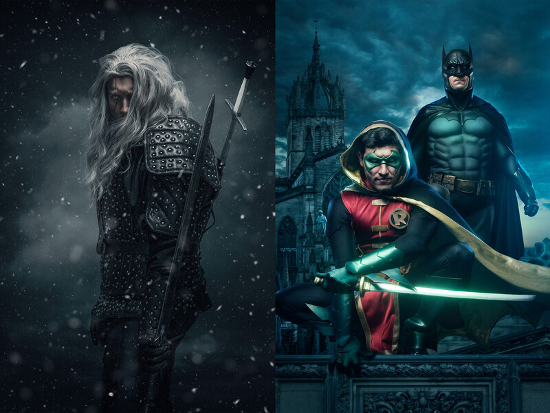 Composite illustration showing a fantasy warrior in snowy conditions on the left and comic-style superhero characters in an urban setting on the right.