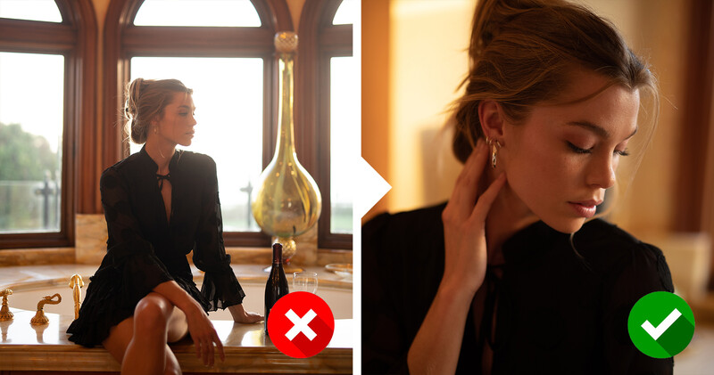 Comparison showing correct and incorrect portrait lighting techniques with a woman in black clothing.
