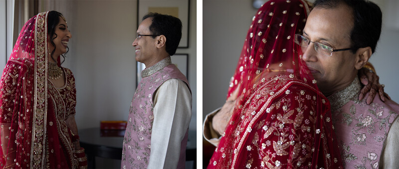 Bride in red embroidered lehenga and groom in lavender sherwani during Indian wedding ceremony.