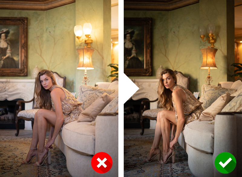 Before and after comparison of portrait retouching in a luxury bedroom setting.