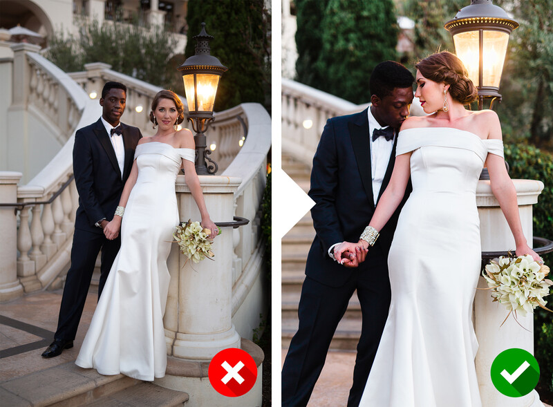 Comparison of wedding couple poses showing off-camera and on-camera positioning techniques.