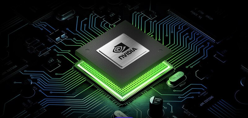 Illustration of an NVIDIA processor chip centered on a circuit board with glowing green and blue circuitry patterns.