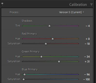 Screenshot of color calibration panel showing sliders for shadows, red, green, and blue primary adjustments.