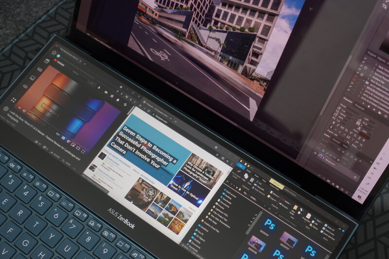 Screenshot of photo editing software showing color grading panels and a news website layout on dual monitors.