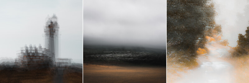Three blurred landscape photographs showing architectural and natural elements obscured by motion or focus blur.