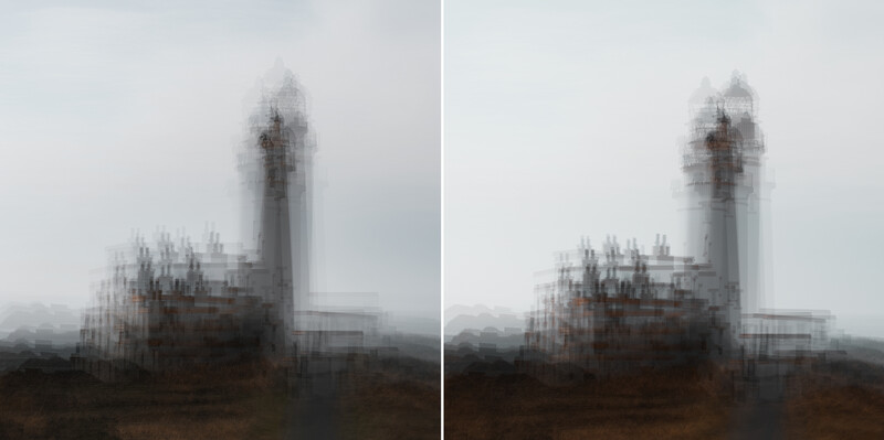 Gothic castle tower shrouded in dense fog, shown in two side-by-side variations with slightly different tonal treatments.