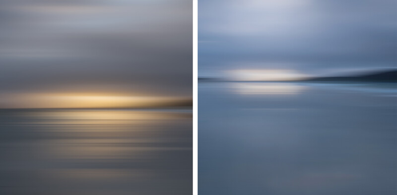 Diptych of minimalist seascapes with horizontal composition and soft, muted tones.