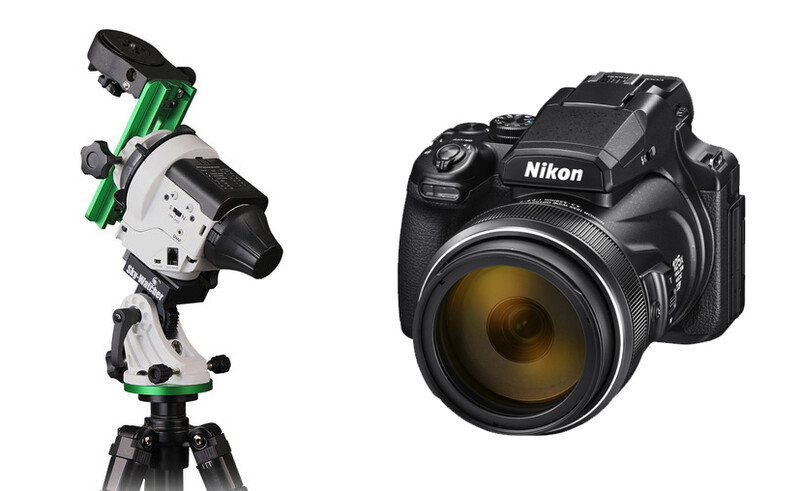 Professional telescope-mounted camera setup with green handles next to a Nikon P1000 bridge camera.