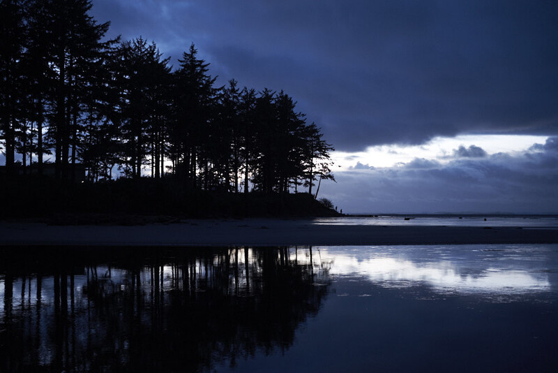Silhouetted forest reflected in still water at twilight beneath a dramatic blue sky.
