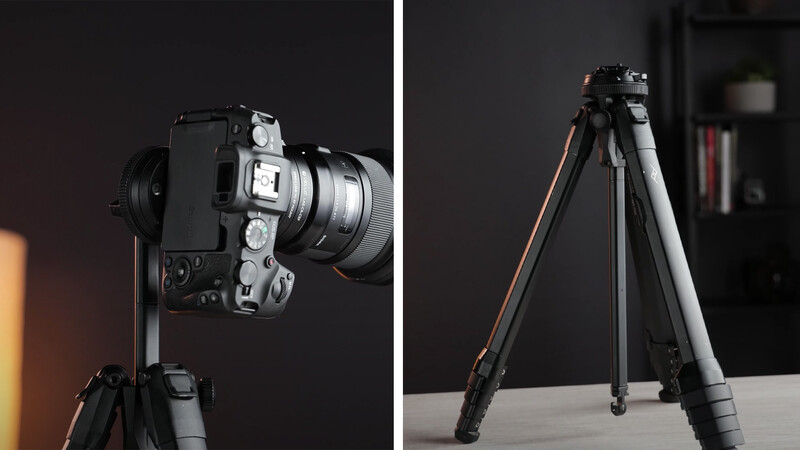 Mirrorless camera with telephoto lens mounted on a tripod head, shown from side angle.