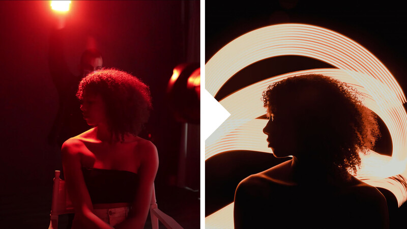 Two side-by-side portrait silhouettes lit by warm, glowing red and cream-colored light sources.