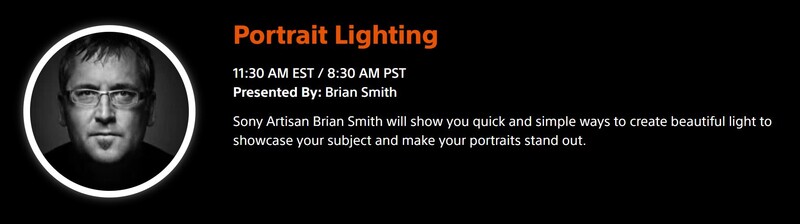 Promotional graphic for a portrait lighting workshop presented by Brian Smith.