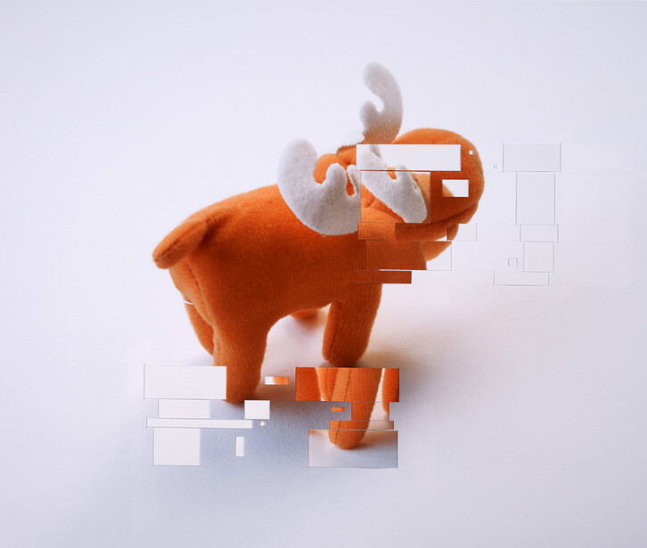 Illustration of an orange elephant constructed from geometric blocks and pixelated shapes.