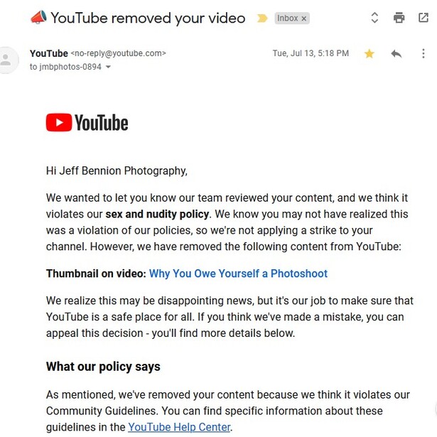 Screenshot of a YouTube policy violation notice regarding sex and nudity content removal.