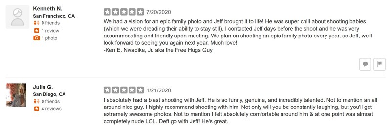 Screenshot of customer reviews praising a photographer's family photo session and professional demeanor.