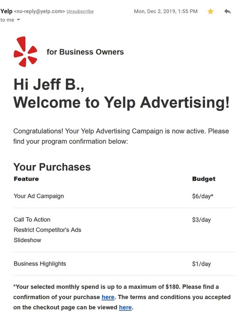 Screenshot of a Yelp Advertising welcome email for a new advertising campaign.