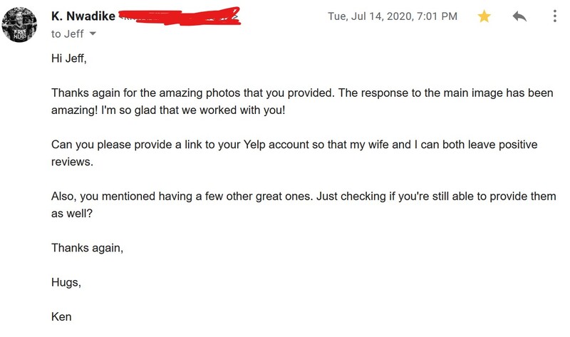 Screenshot of an email message thanking a photographer for professional photos.